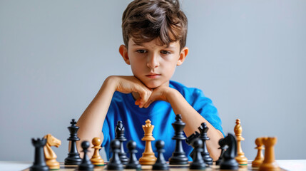 A boy of 10 years old thinking about a game of chess on a white background, children's chess league