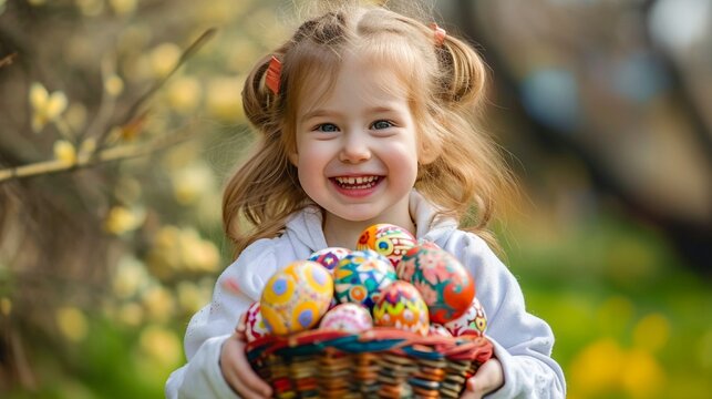 A happy kid carrying a basket filled with exquisitely painted Easter eggs