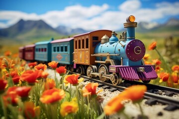 A toy train on tracks amidst wildflowers, with a mountain and blue sky in the backdrop. Generative AI - obrazy, fototapety, plakaty