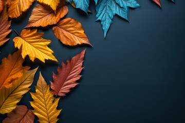 Frame of colorful red and yellow autumn leaves with cones and rowan berries on trendy dark blue background