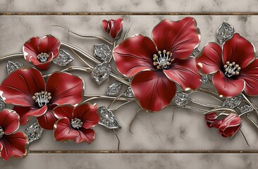 red painted flowers along a wall with several diamonds, in the style of 8k 3d, elegant lines, light silver and dark gold, avant-garde ceramics, 32k uhd, elegant realism, elegant subjects.