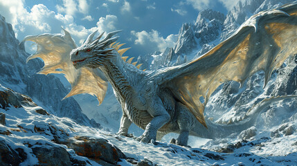 Fantasy white dragon with large, sharp wings stands on the top of the mountain