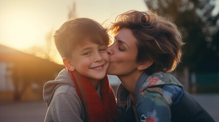 Obraz premium Caucasian boy kisses his mother outside the house.
