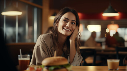 Caucasian woman eating hamburger in fast food restaurant.