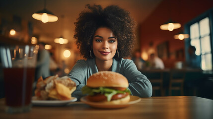 Caucasian woman eating hamburger in fast food restaurant. - obrazy, fototapety, plakaty