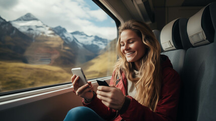 Caucasian woman playing mobile phone in train. - Powered by Adobe