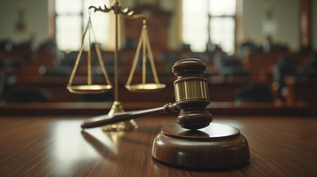 Judges Gavel on Desk with Scales of Justice in Background