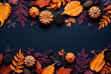 Frame of colorful red and yellow autumn leaves with cones and rowan berries on trendy dark blue background