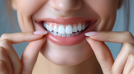 Obraz premium Gros plan d'une bouche de femme souriante, dents blanches et saines /Close-up of a smiling woman's mouth, with healthy white teeth