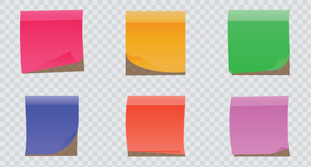 Multicolor post it notes isolated on transparent background. Colored sticky note set. Vector realistic illustration. Sticky note collection with curled corners and shadows eps 10 