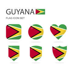Guyana 3d flag icons of 6 shapes all isolated on white background.