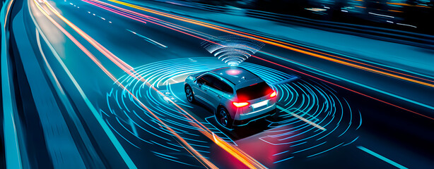 Blurred motion. Concept of autonomous or electric vehicles. Innovation in car driving. - obrazy, fototapety, plakaty