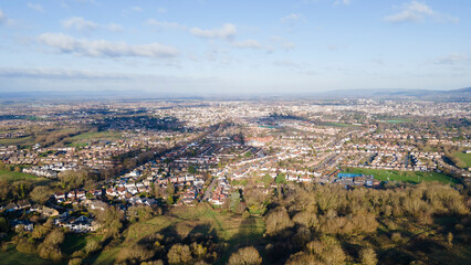 Aerial drone view of Cheltenham, England, UK, from Leckhampton Hill looking north