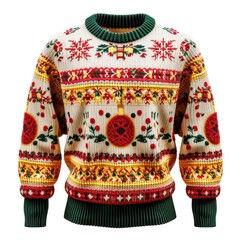 Festive knit sweater with traditional holiday patterns and a warm color scheme.