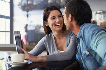 Tablet, restaurant and couple of people smile for cafe feedback, diner review and monitor web...