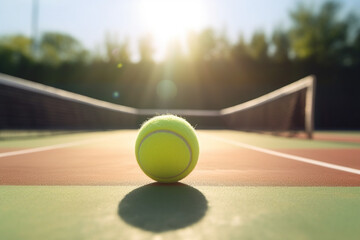 Tennis ball, racket and court ground with mockup space, blurred background or outdoor sunshine. Summer, sports equipment and mock up for training, fitness and exercise at game, contest or competition  - obrazy, fototapety, plakaty