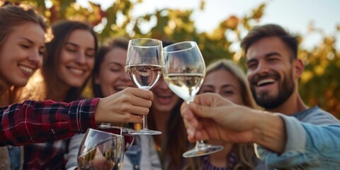 friends clink glasses drinking wine in a grape field Generative AI