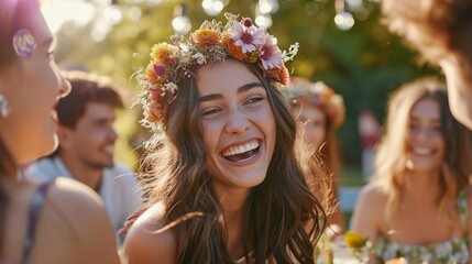 At an Easter garden party, a joyful adolescent wearing a flower crown and joking with pals