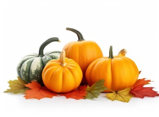 Various fresh ripe pumpkins with dry maple leaves isolated white background, top view photo with copy space