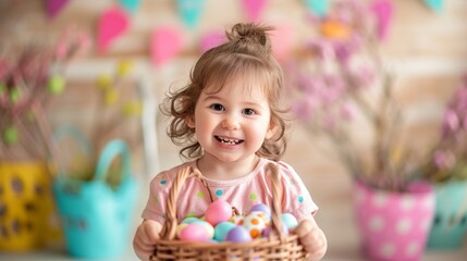 Cheerful toddler surrounded by colorful Easter decorations, holding a basket filled with chocolate eggs