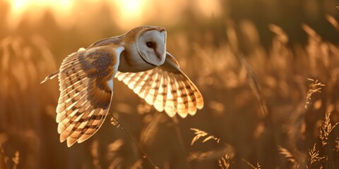 flying eagle owl on autumn background Generative AI - obrazy, fototapety, plakaty