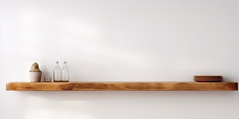 Wooden shelves and white wall backdrop for displaying products.