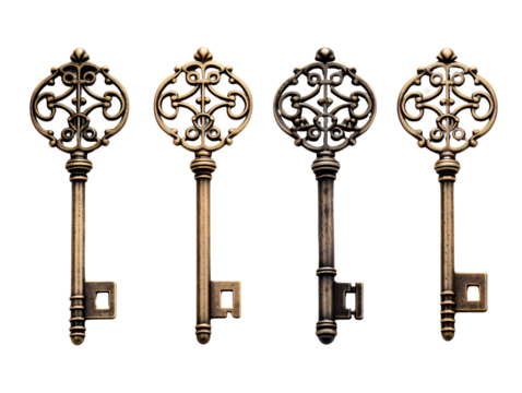 Set of Antique Keys, isolated on a transparent or white background