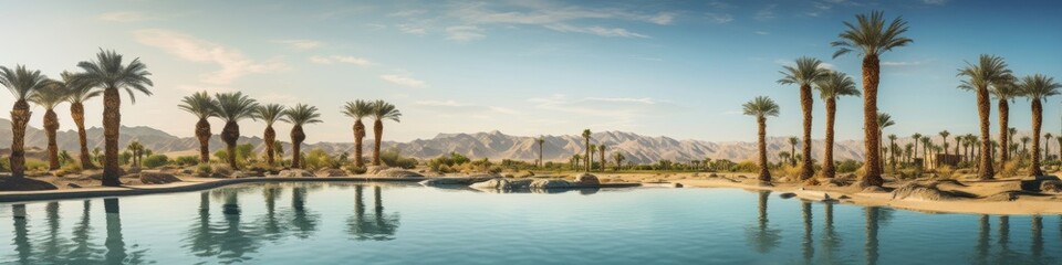 A surreal desert oasis panorama,  where palm trees surround a pristine pool of water in a barren landscape
