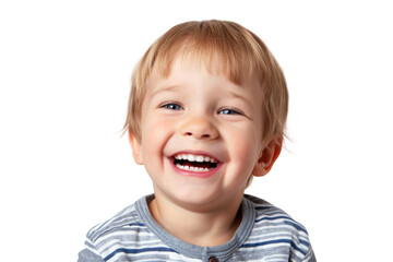 Cute american boy child model with perfect clean teeth laughing and smiling isolated on white or transparent background.