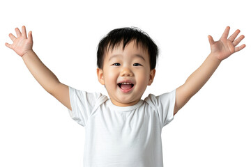 Excited Toddler Asian kid boy raising a fist, celebrating success isolated on white or transparent background.