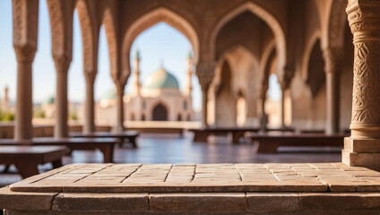 Empty stone table with blurry mosque background - obrazy, fototapety, plakaty