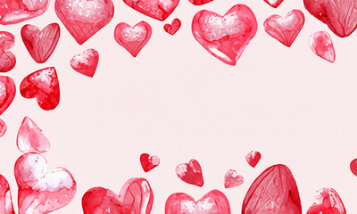 Valentine's Day background / Banner with hearts in aquarell style. Cute illustration for love sale banner or greeting card.