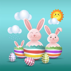 Easter bunny with colorful Easter eggs. Happy Easter holiday concept,
 minimalistic style, 3d vector. Space for copying.