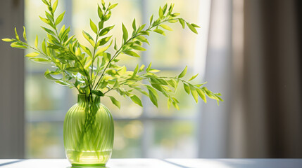 A serene still life of a fresh green plant in a clear vase against a bright window, symbolizing growth and tranquility.