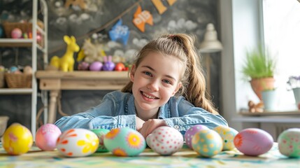 Fototapeta na wymiar Excited teenage girl setting up her exquisitely crafted Easter egg creations on a chic table
