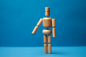 The wooden man figurine on a blue background . Concept of objects 