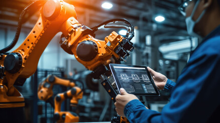 An engineer uses a digital tablet to control a robotic arm in a high-tech industrial environment with an emphasis on automation and precision.