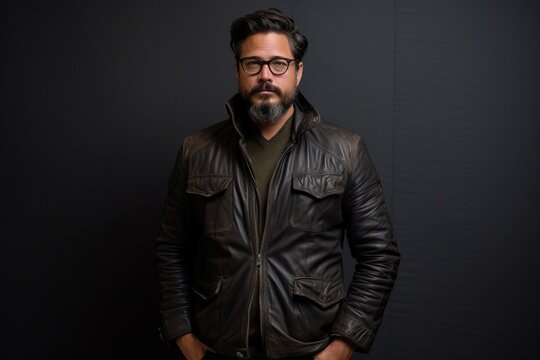Portrait of a handsome bearded Indian man wearing a leather jacket and glasses.