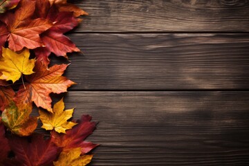 Autumn leaf on old grunge wood deck, copy place for inscription, top view, tablet for text,