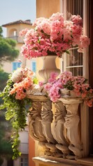 Fototapeta na wymiar Summer flowers on the balcony or terrace, flowers in pots, home decoration with flowers