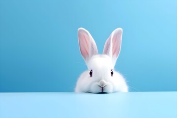 White bunny on a blue background, copy space.