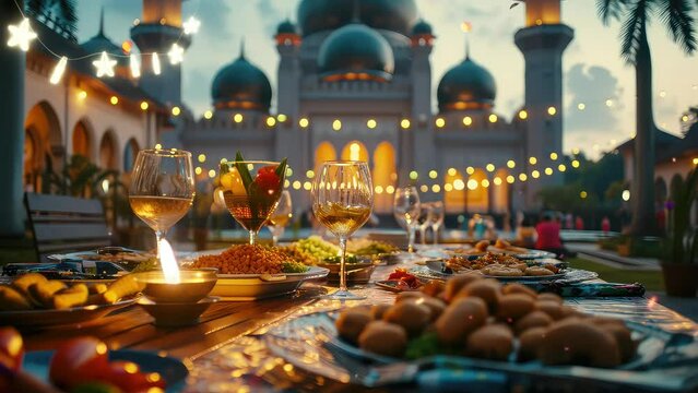 Delicious food for breaking the ramadan fast on a table in the mosque courtyard at evening. seamless timelapse looping 4k video animation background. generated with ai