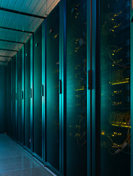 Rack Servers and Supercomputers, Modern Telecommunications, Artificial Intelligence, Supercomputer Technology.
Powerful supercomputer. Cloud Computing Server Room. Network of servers at a data center.