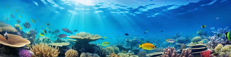 A vibrant coral reef panorama beneath the surface of a clear turquoise ocean