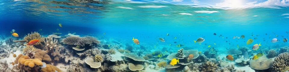 Fototapeta na wymiar A vibrant coral reef panorama beneath the surface of a clear turquoise ocean