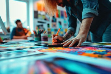 Artist Focused on Detailing Vibrant Canvas in Studio