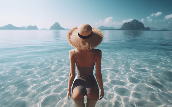 Girl wearing a hat walks into the sea Sea and mountains backdrop summer travel