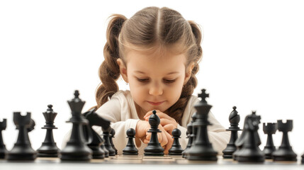 A girl of six playing chess on a white background