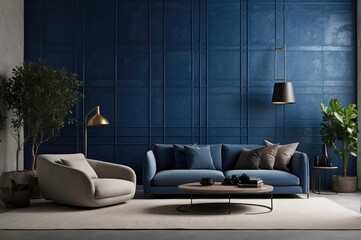 Blue And White Color Minimalist Sofa and Futuristic Living Room Elegance With Blue Walls