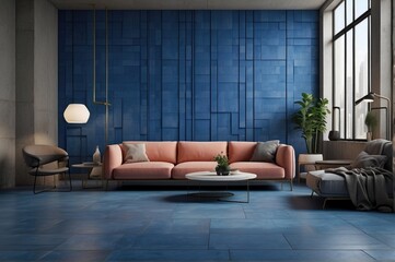 Blue And White Color Minimalist Sofa and Futuristic Living Room Elegance With Blue Walls